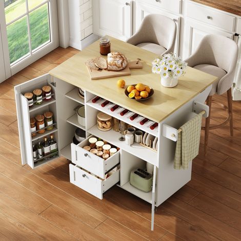 Îlot De Cuisine Mobile Avec Plan De Travail Rabattable, Desserte À Roulettes Avec Tiroirs Et Porte-Bouteilles, MDF, 104x69x89 cm (1/5)