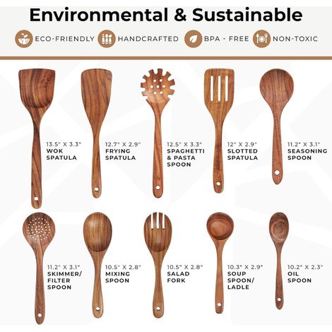 Set di 10 utensili da cucina in legno di teak - Set premium facile da pulire, leggero, resistente al calore, durevole e antigraffio - ALTRO (1/3)