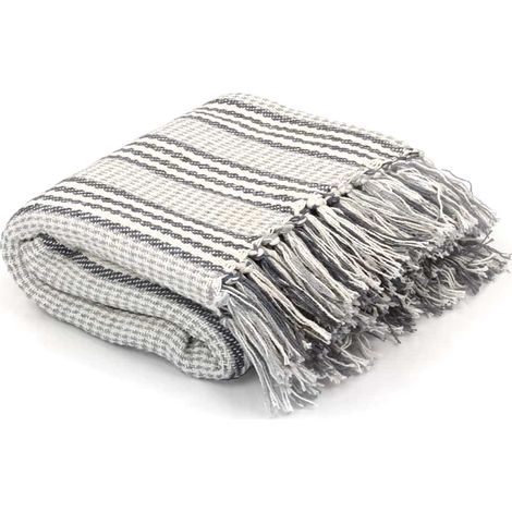 Plaid en coton à rayures gris et blanc 125 x 150 cm avec glands - PANGIVO (1/5)