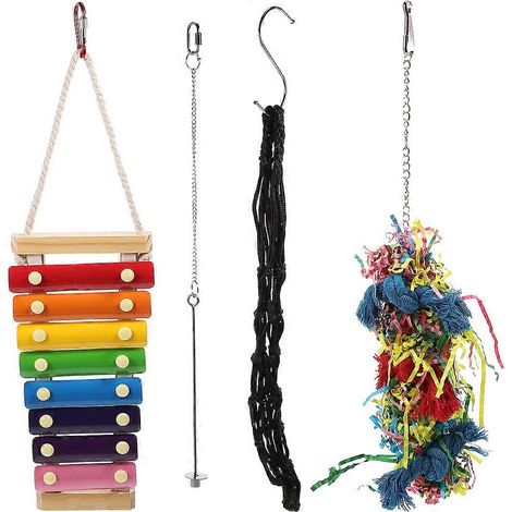 Lot de 4 jouets de recherche de nourriture pour oiseaux : xylophone en bois pour poules, jouets à suspendre dans la cage à poules. (1/5)
