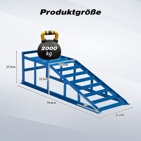Rampe de levage auto bleue 2000kg, pont élévateur pour entretien véhicules lourds, angle d'accès plat 23°, hauteur réglable 27,5cm, rampe de réparation pro vidange