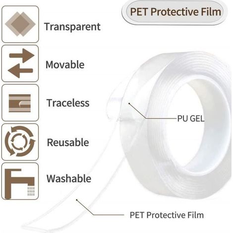 Pratique Nano Ruban adhésif Lavable Multifonctionnel réutilisable Traceless Double-Face antidérapant et Gratuit pour enlever-Ywey (1/4)