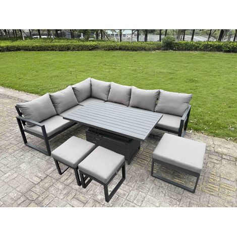 Fimous Aluminium Adjustable Rising Lifting Dining Table Sofa Set 9 Seat Aluminium Garden Furniture Sets with 3 Footstools Dark Grey (1/4)