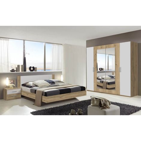 Chambre à coucher complète adulte (lit 180x200 cm + 2 chevets + armoire) coloris imitation chêne poutre/blanc -PEGANE-