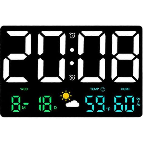 Geräuschlose, smarte LED-Wanduhr mit großem Bildschirm, Temperatur- und Feuchtigkeitsanzeige, Wetteruhr und multifunktionalem Digitalwecker. (1/5)