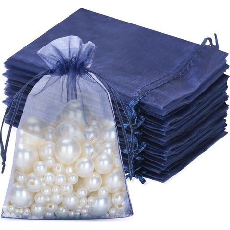Bolsas de organza azul oscuro de 10 x 15 cm - 50 unidades con cordón para bodas, joyas y regalos (1/5)