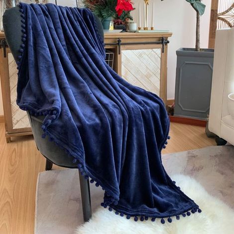 Flannel Blanket with Pompom, Nap Blanket, Cozy Bed Blanket, Soft Throw Blanket for Sofa Bed, Suitable for All Seasons (Dark Blue, 150 x 200 cm) (1/5)