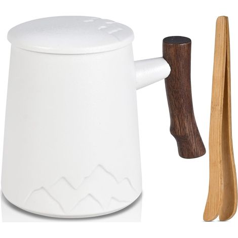 Tasse thé céramique grande capacité, poignée bois, pinces thé, infuseur