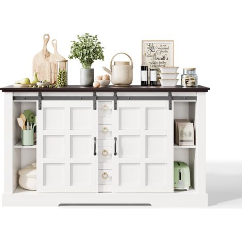 Sideboard mit 2 Schiebeturen und 4 Schubladen, Verstellbaren Einlegeboden, aus MDF, Weiss, 150 x 40 x 85 cm (1/5)