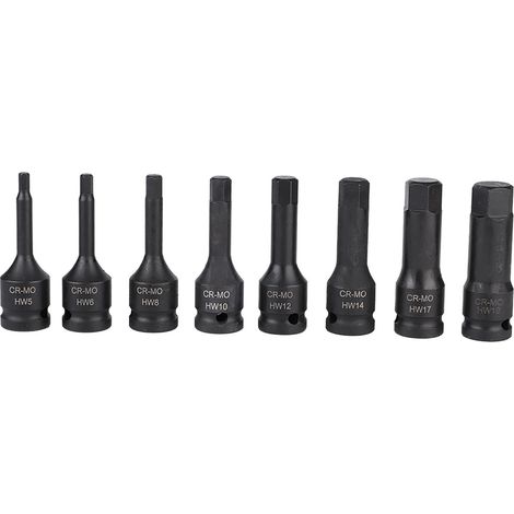 Jeu de 8 douilles à six pans creux pour clé à chocs 1/2", tailles H5-H19, embouts hexagonaux en acier (1/5)