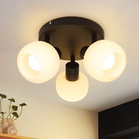 GBLY Plafoniera rotonda nera con 3 faretti da soffitto - Plafoniera a 3 lampadine, faretto da interno, paralume in vetro, lampada da corridoio moderna, attacco E14, faretto vintage  (senza lampadina)