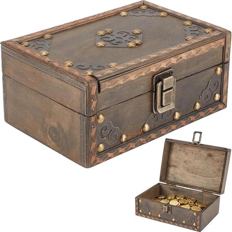Boîte de rangement vintage à bijoux pirate - 7,1 x 4,7 x 3,2 cm - Caisse à souvenirs avec serrure - Boîte à bijoux antique en bois faite à la main - Coffre au trésor pour pièces de monnaie (1/5)