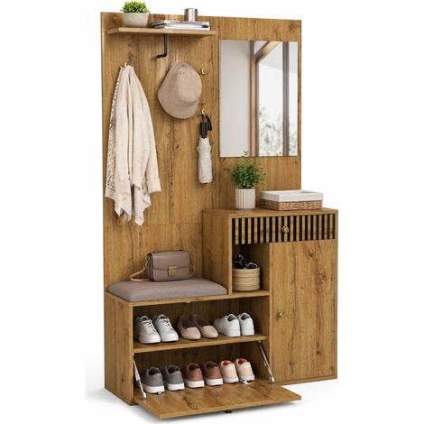 Garde-robe d'entrée avec miroir, siège rembourré, étagères réglables et portes à fermeture douce, meuble d'entrée MDF bois clair et noir CHICFURN (1/5)