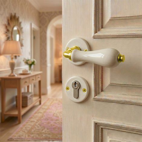 Ouvre&Déco – 2 poignées de porte LIZON trou de cylindre porte de bureau, service ou d'entrée, Rosace ronde, Design Classique Chic, Porcelaine craquelé, Coude aspect or