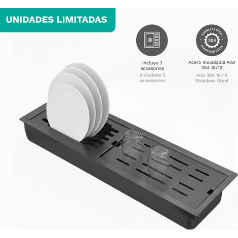 Fregadero auxiliar de cocina 69x25 cm acero inoxidable AISI 304 un seno, 3 accesorios encastrable, bajo encimera o enrasado, Antracita,Turquesa
