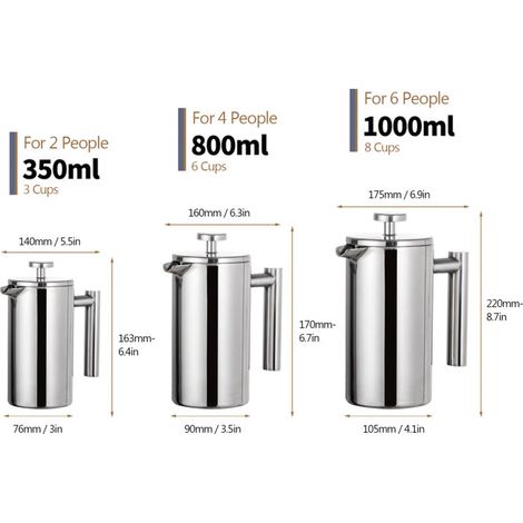 Caffettiera a pressa francese da 800 ml, caffettiera termica a doppia parete in acciaio inox
