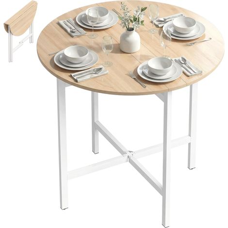 Table de salle à manger pliante ronde de 80 cm de diamètre, structure en acier, pour 2 à 4 personnes, aspect bois naturel. (1/5)