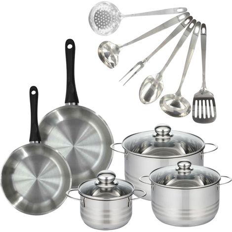Set 2 poêles 20 24 cm, 3 faitouts 16, 20 et 24 cm en inox et 6 ustensiles inox Fackelmann Geneva (1/5)