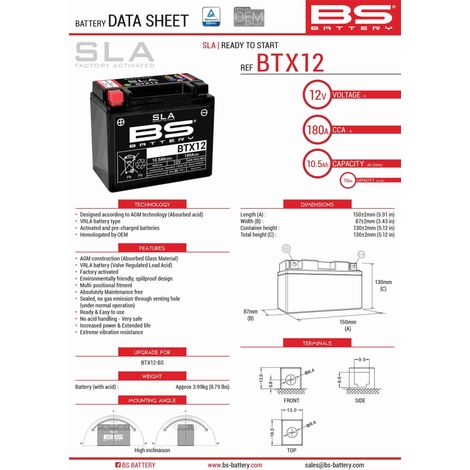 BS BATTERY BTX12 (FA) (YTX12-BS) 12V 10AH 152X88X131 SANS ENTRETIEN - À INOXYDABLE (180A) (4)