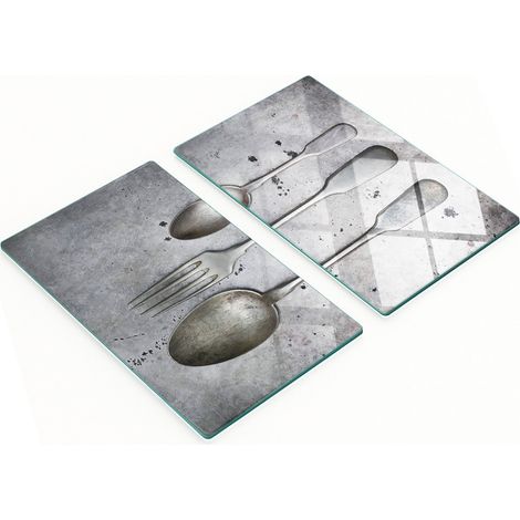 Set aus Küchenbrettern aus gehärtetem Glas mit Grafiken und Besteck, 2 x 30 x 52 cm (1/5)