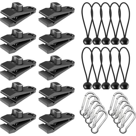 Set de Clips Bâche Noire en Plastique 10 Crochets, 10 Cordes Connectées et 10 Mousquetons pour Pergola Attache Toile et Tendeur Corde Élastique (1/5)