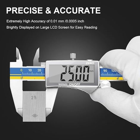 Digital Vernier Caliper 150 mm with LCD Display, Digital Vernier Tool Micrometer, Stainless Steel with MM/Inch Conversion, Blue and Yellow (1/4)