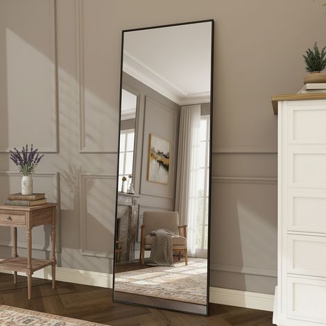 Miroir sur pied, Film antidéflagrant, cadre en métal, 164x54 cm, verre trempé haute définition, support réglable, Suspendable - noir (1/5)