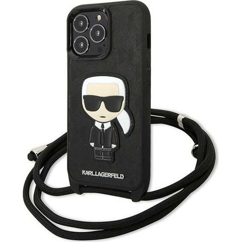 Karl Lagerfeld KLHCP13LCMNIPK iPhone 13 Pro / 13 6.1 Hardcase schwarz/schwarzes Leder Monogramm-Patch und Kordel Iconik (1/5)