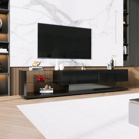 Meuble TV blanc 170 cm, cloisons en verre blanc brillant et éclairage LED variable, avec 1 grand tiroir de rangement, Meuble TV à panneau bas moderne, Noir (1/5)