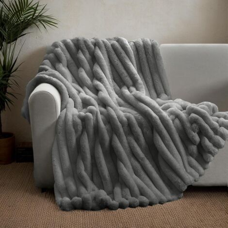 QORVA-Couverture polaire ultra chaude en velours, double couche de fausse fourrure de lapin AB et de fourrure moelleuse, douce et confortable (gris foncé, 100 x 150 cm)