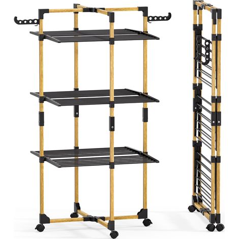 VOUNOT® Stendibiancheria Verticale a Torre 3 Ripiani 25 m Spazio di Stenditura Pieghevole, Nero (1/5)