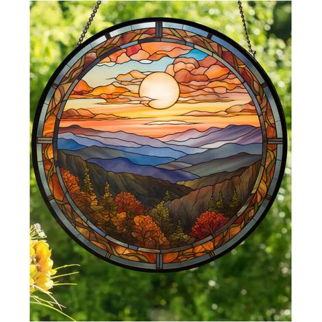 Décoration vitrail montagnes brumeuses 12,5 cm, attrape-soleil maison