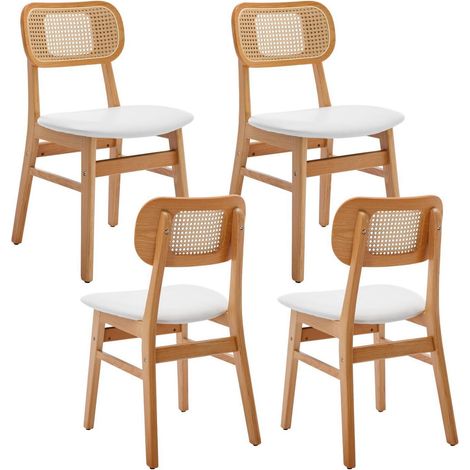 Esszimmerstühle 4er Set Holz mit Rattan Rückenlehne, PU Leder Sitz, Weiß (1/5)