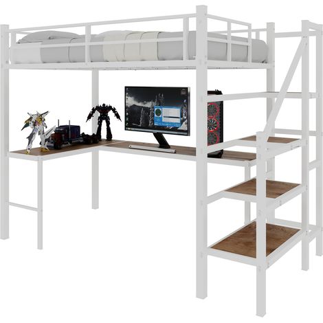 Lit mezzanine 90x190 cm avec bureau en L, grand rangement et étagères, structure stable avec escalier et garde-corps continu, gain de place (1/5)