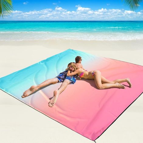 Tapis de Plage Imperméable, Couverture de Plage Large Anti Sable Drap de Plage pour Plage, Camping, Picnic, Parc, Voyage ect Les Èvénements en Extérieur (Brogressivement Rose/Bleu, 245 x 300cm) (1/5)