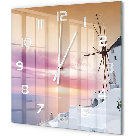 Grande Horloge Murale Carrée Maison Verre Trempé Silencieuse Design Moderne Élégant Santorin, Grèce 60x60 cm (1/5)
