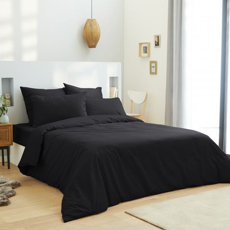 Parure de draps 4 pièces Unicolore Noir pour lit 160 x 200 cm "Grande Largeur" 100% coton / 57 fils/cm²
