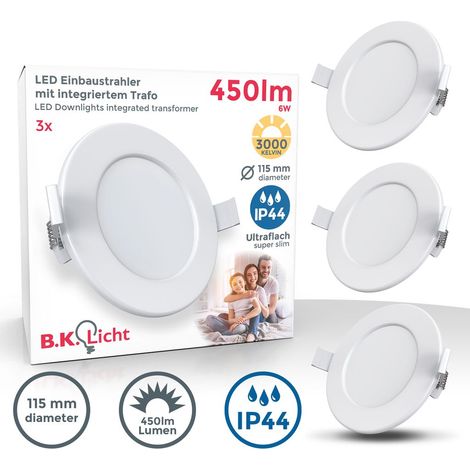 Einbauspot 100mm 3er Set - 230V, 6W, 450lm, LED, IP44, warmweiß, weiß