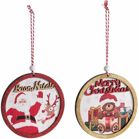 Decorazione da appendere all'albero realizzata in legno con bordi glitterati, scritta Merry Christmas e Buon Natale, set da 24 pezzi, Ø 10,5 cm