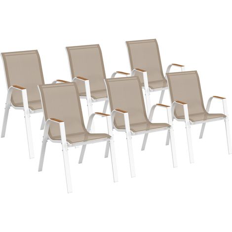 Set di 6 sedie da giardino impilabili NOUMEA in metallo e textilene, bianco e legno