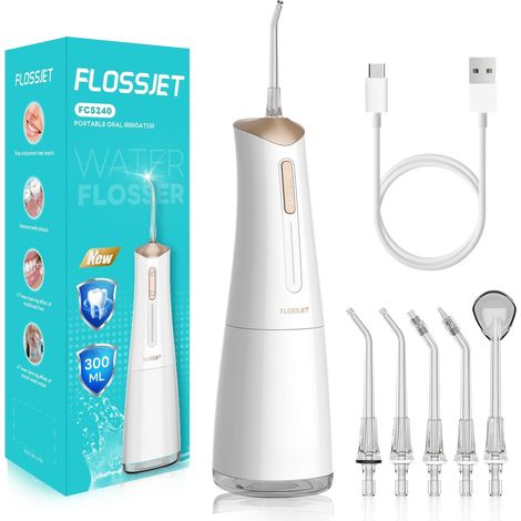 Jet Dentaire Hydropulseur,Water Flosser 4 Modes IPX7 Sans Fil Irrigateur Oral 300ML,Livré Avec 5 Buses Rotatives À 360°,Recharge USB-C,Portable Idéal Pour Voyages Et Usage Quotidien (1/5)