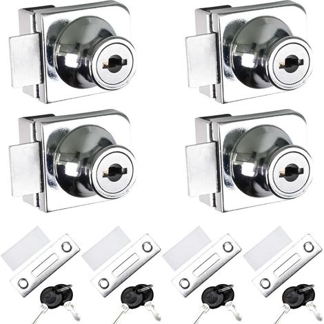 Lot de 4 verrous de vitrine pour porte en verre de 5 à 8 mm - Serrure pour vitrine en verre avec clé - Pas de perçage - Serrure de sécurité pour portes en verre et armoire - Argent (1/5)