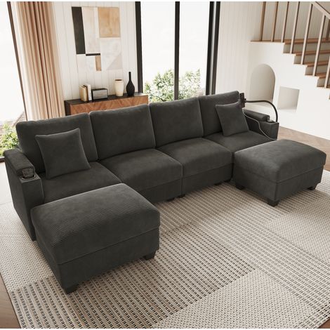 Modulares Ecksofa (275.5x139x87 cm), mit Schlaffunktion, USB und USB C Anschluss, Cordstoff, Grau (1/5)