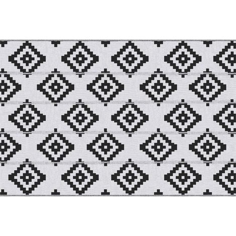 Tapis d'extérieur à motif graphique – Tapis réversible à 2 motifs – Dimensions : 2,74 m x 1,82 m – Polypropylène haute densité (310 g/m²) – Noir et blanc