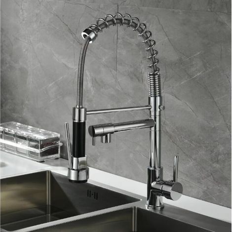 Mitigeur de Cuisine avec Douchette Extractible 2 Jets, Mitigeur de Cuisine Professionnel avec Deux Becs, Acier Inoxydable (1/5)