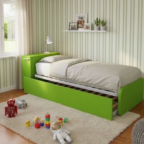 Letto singolo con secondo letto estraibile e testata testiera contenitiva - 80x190 - Verde mela