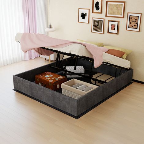Modern Simple Style Bed Frame, 160200 cm, Grey, Dutch Velvet Fabric, with Gas Lift, Modern Bedroom Furniture, Excluding Headboard and Mattress. (1/5)