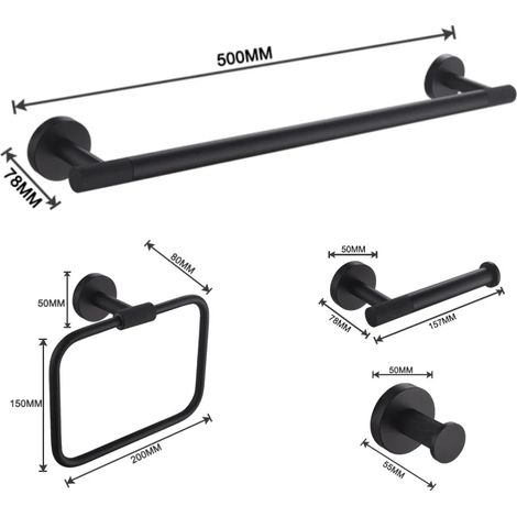 Ensemble de salle de bain élégant (4 pièces) noir mat, à fixer au mur : porte-essuie-tout mural, crochet pour peignoir, double porte-gobelet et double distributeur de savon. (1/5)