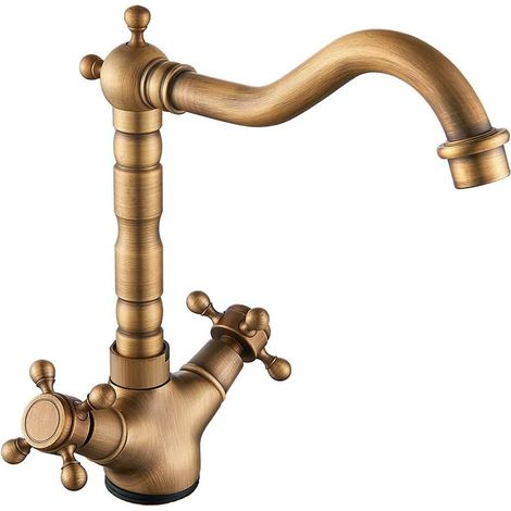 Traditionelle, integrierte Küchenarmatur mit Doppelhebel-Schwenkauslauf aus Bronze und Messing für Waschbecken mit antiker georgianischer Sanitärinstallation
