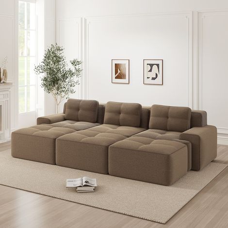 Canapé modulable sans cadre velours côtelé 3 places avec poufs convertible salon confortable marron